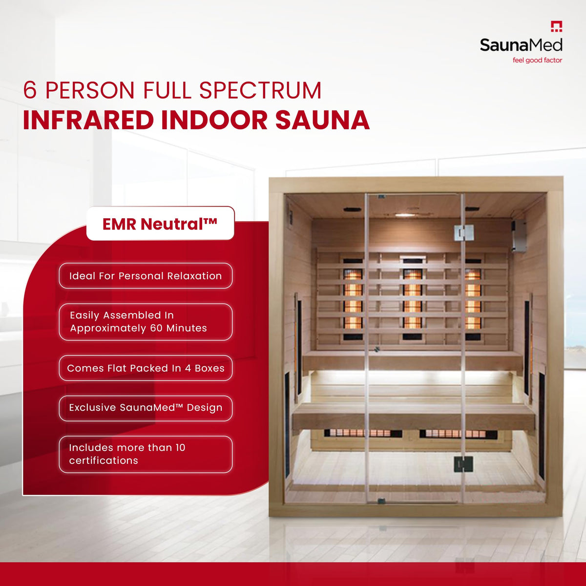 SaunaMed 2-6 Person Full Spectrum Infrared Indoor Sauna EMR NeutralTM 13A Plug & Play (6 Person)