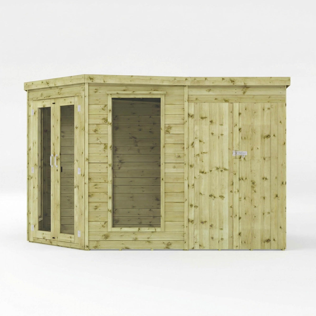 WALTONS | 11x7, 12x8, 13x9 Wooden Corner Summerhouse with Side Shed | Shiplap Tongue & Groove | Garden Room | Flat Roof | Double Door | Outdoor Sun