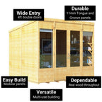 BillyOh Bella 8 x 8 Summer House Shed, Modern Pent Roof Log Cabin | Spray Treated - Garden Room with Wide Double Doors, Tongue and Groove
