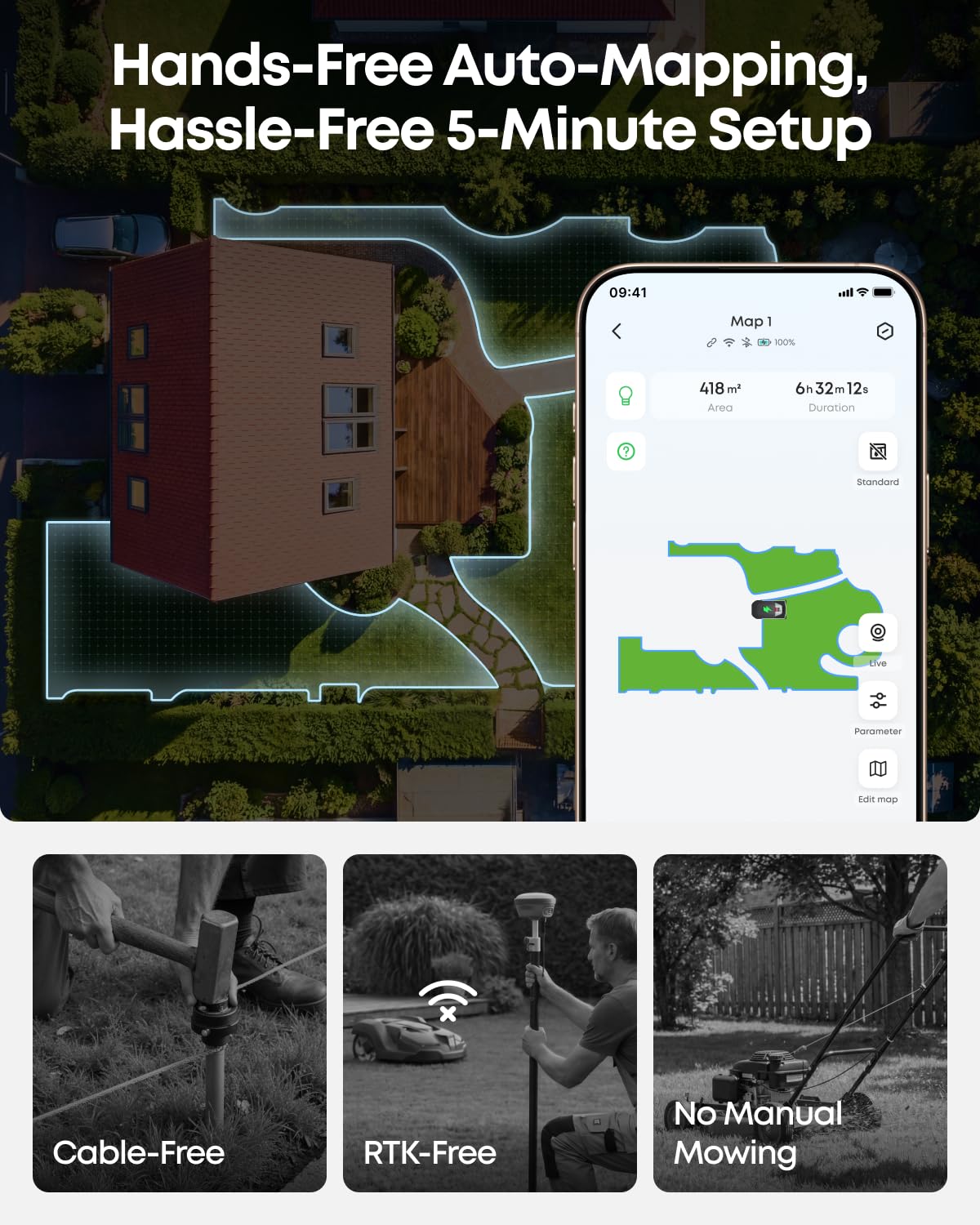 eufy Robot Lawn Mower, C15 without Boundary with Garage, 500 m2 Coverage