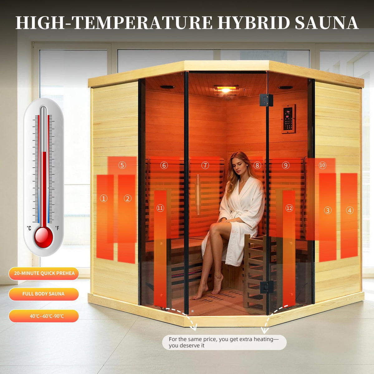 Corner Hybrid Sauna 3 Person, Indoor Infrared Steam Sauna, Canadian Hemlock