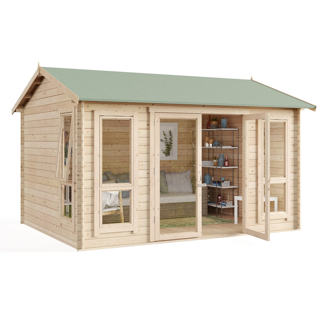 BillyOh Darcy 12x10 Log Cabin Summer House Shed with 19mm Wall Logs Thickness, Modern Apex Roof, Pressure Treated Wood & Shatterproof Windows