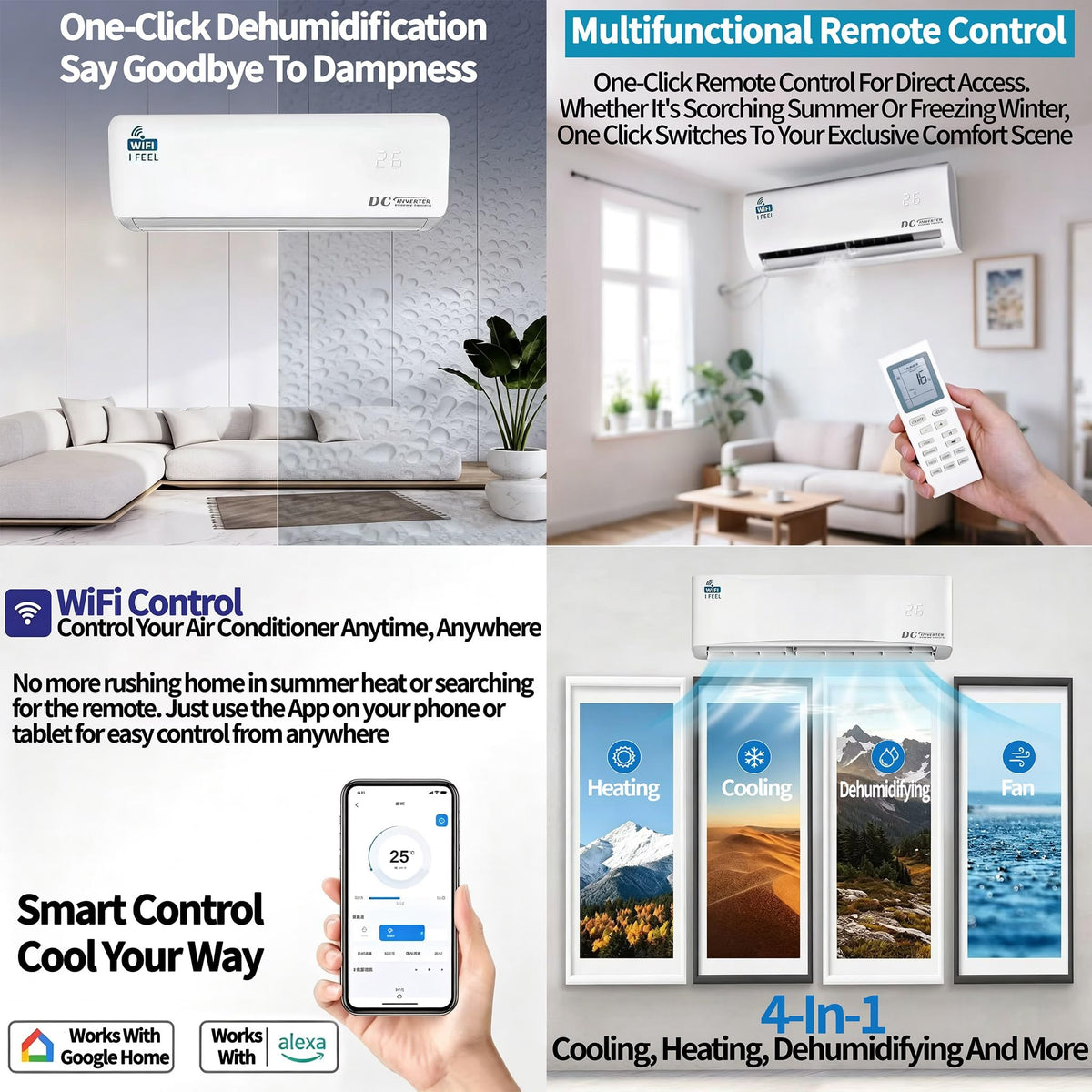 12000 BTU Air Conditioner, Wall Split, Wi Fi, 5 In 1, Cooler, Heater, Dehumidifier, Air Purifier, Heat Pump, Remote Control, 3.5 kW, A++, App