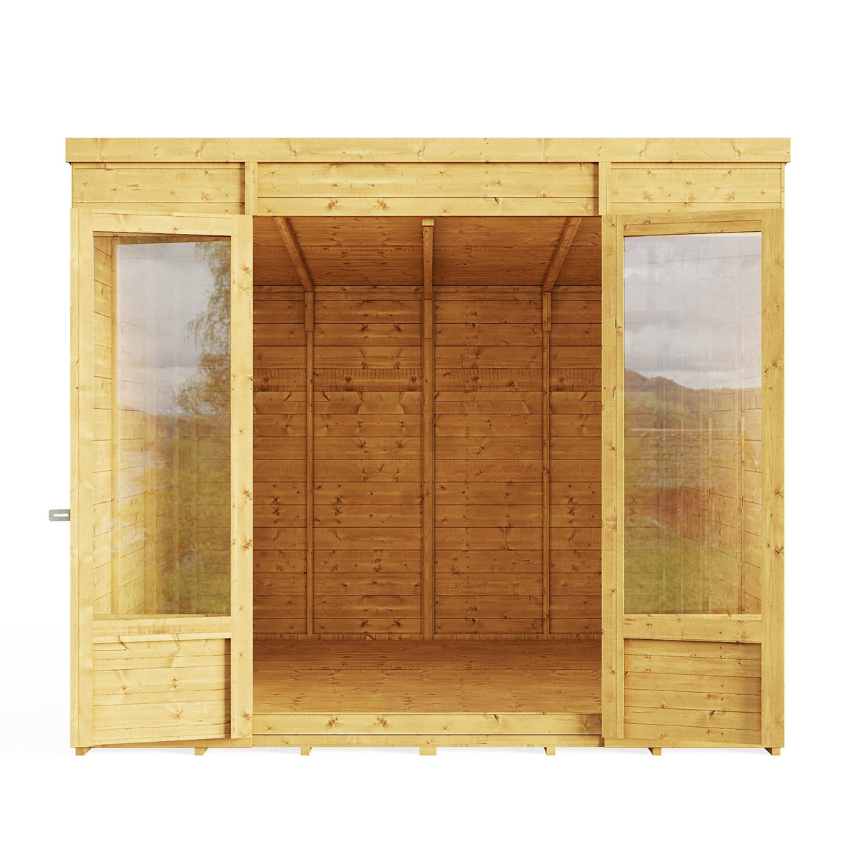 BillyOh Bella 8 x 8 Summer House Shed, Modern Pent Roof Log Cabin | Spray Treated - Garden Room with Wide Double Doors, Tongue and Groove