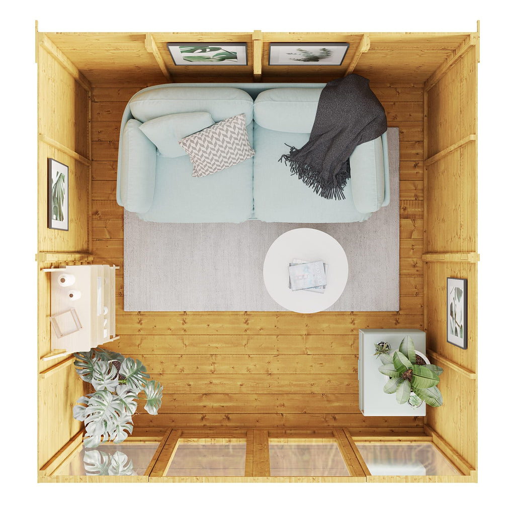 BillyOh Bella 8 x 8 Summer House Shed, Modern Pent Roof Log Cabin | Spray Treated - Garden Room with Wide Double Doors, Tongue and Groove