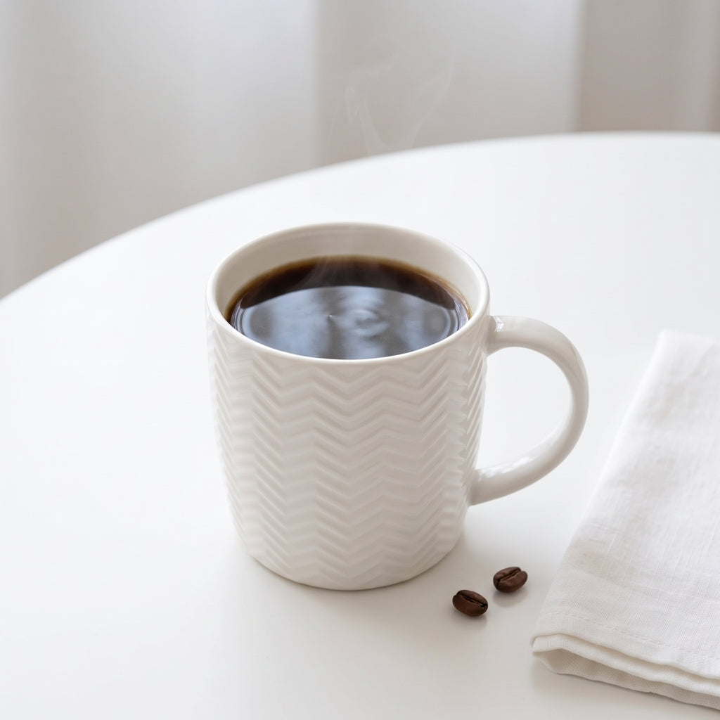 Textured white ceramic coffee mug – Elegant chevron pattern