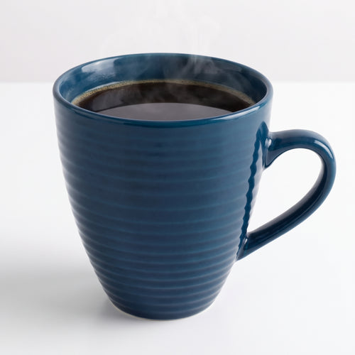 Elegant dark blue ceramic coffee cup with a wavy pattern