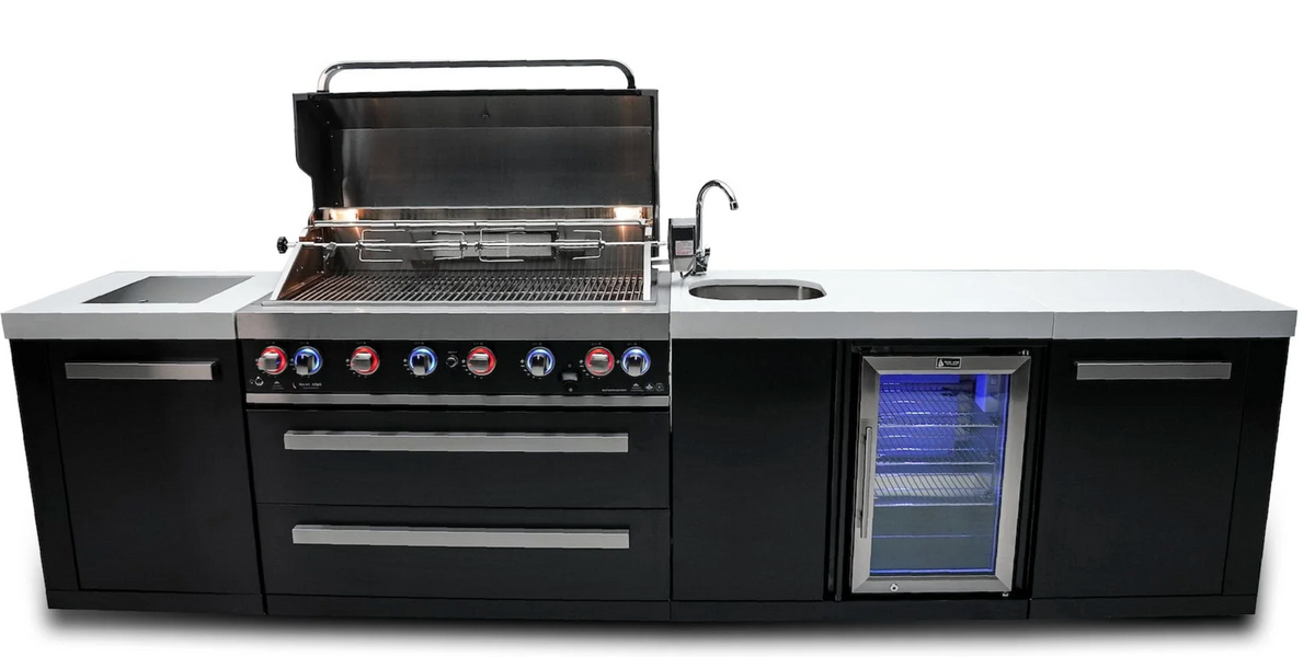 Mont Alpi 805 Black Stainless Steel Island with Beverage Center 6-Burner Grill 2 Infrared Burners Sink Fridge