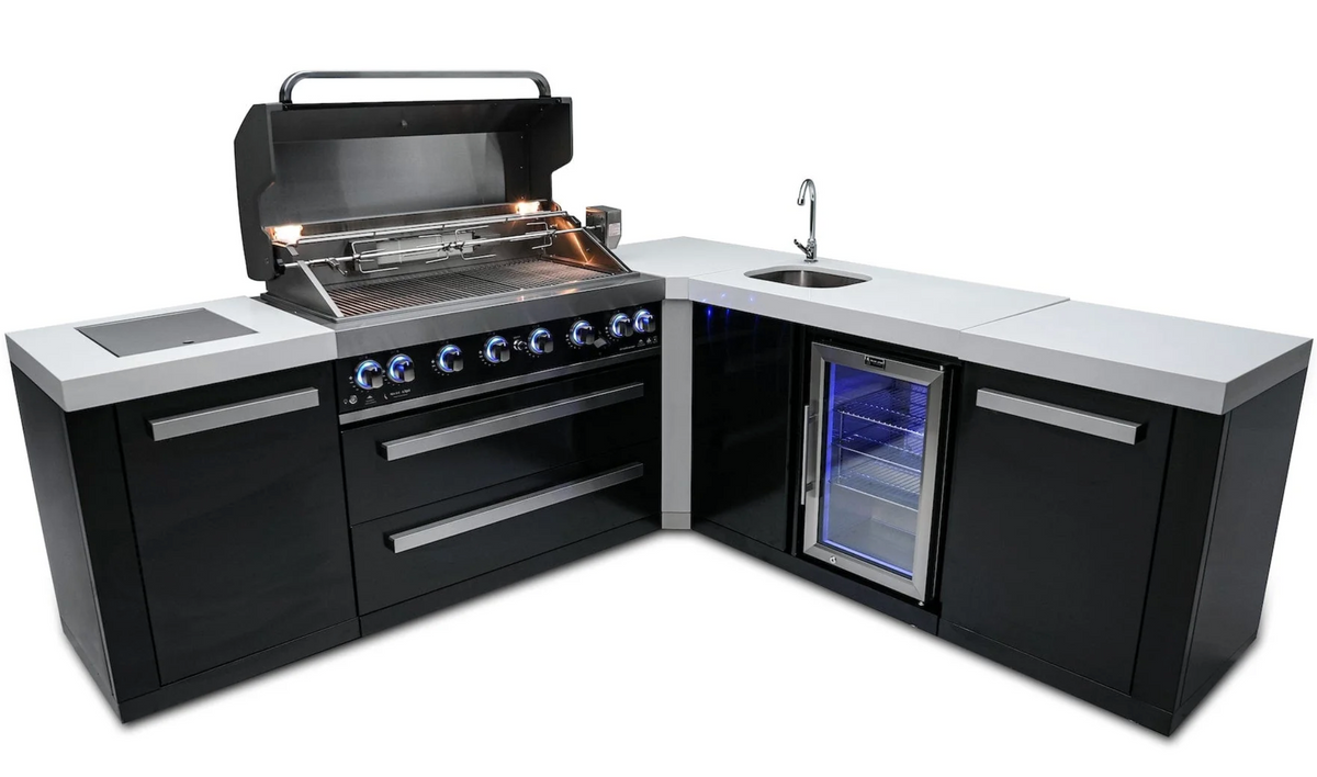 Mont Alpi 805 Black Stainless Steel Island with Beverage Center and 90 Degree Corner 6-Burner Grill 2 Infrared Burners Sink, Fridge